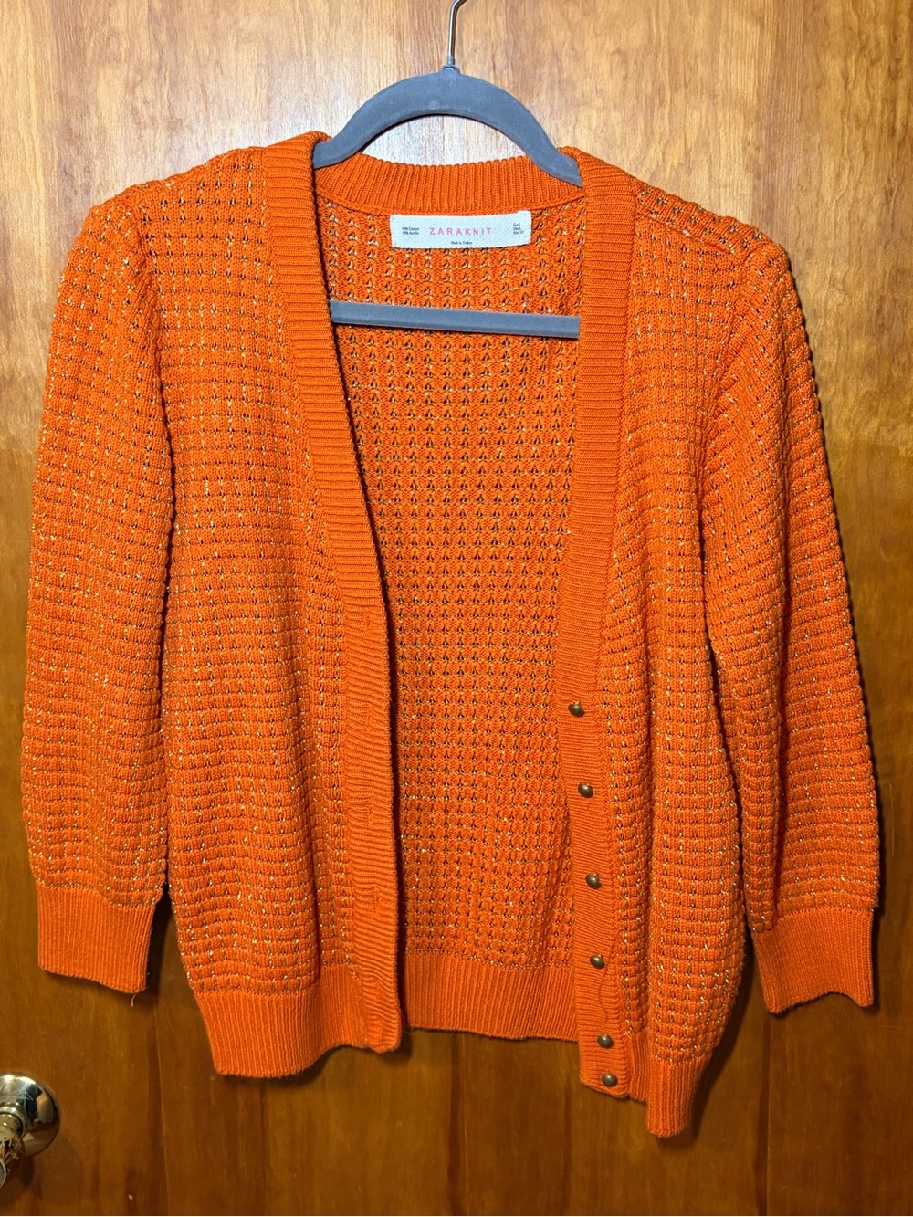 ZARA Knit Burnt Orange Metallic Cardigan Sweater Gold Thread size Large